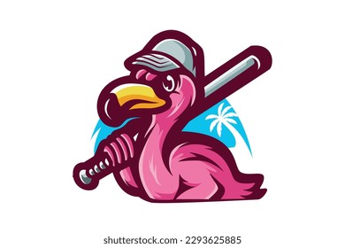 Flamingo baseball mascot logo cartoon illustration vector design