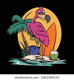 flamingo in beach handrawn illustration vintage