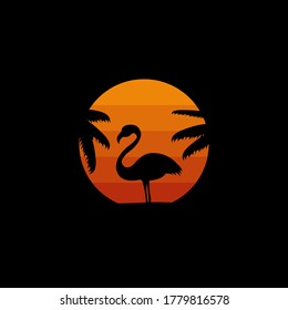 Flamingo beach sunset/sunrise resort logo  illustration  Stock Vector 