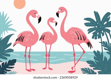 Flamingo in the beach, vector illustration