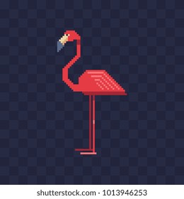 Flamingo. Beautiful bird character. Pixel art icon. Logo, sticker and embroidery design. 80s style video game sprite. Isolated vector illustration. 