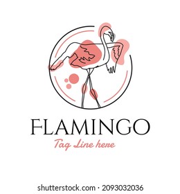 Flamingo bird abstract logo line art vector illustration with dummy text on white background.