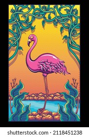 flamingo bird artwork, with a view on the water and tropical leaves. The sun has set. Watercolor tropical wildlife. hand drawn forest nature illustration