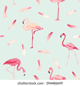 Flamingo Bird Background. Feather Retro Seamless Pattern. Vector Texture. 