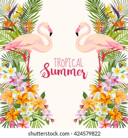 Flamingo Bird Background. Retro Pattern. Floral. Vector. Tropical Graphic Design. Template Brochure.