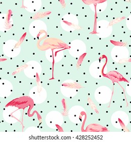 Flamingo Bird Background. Retro Seamless Pattern. Vector Texture. 
