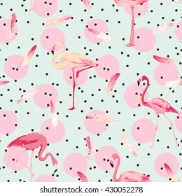 Fondo de pájaro Flamingo. Patrón retro sin problemas en el vector. Textura de verano