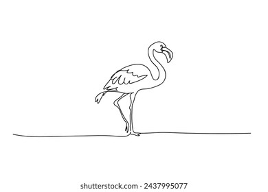 Flamingo Vogel, schwarze Linie Zeichnung, eine Linie Umriss auf weißem Hintergrund