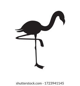 Flamingo bird black silhouette standing on one leg icon or symbol, vector illustration isolated on white background. Outline or contour of wild fowl for prints and cards.