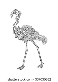 Flamingo bird. Black white hand drawn doodle animal. Ethnic patterned vector illustration. African, indian, totem, tribal, zentangle design. Sketch for colouring page, tattoo, poster, print, t-shirt