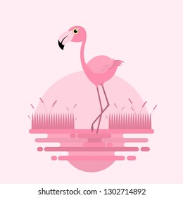 Flamingo bird cartoon on the swamp flat background vector design.