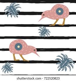 Flamingo Bird Collection Seamless pattern with black stripes and dots. Kiwi Bird.
Vector Illustration.