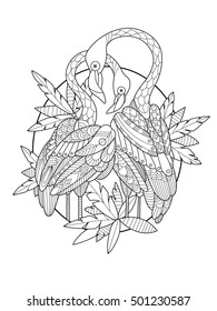 Flamingo bird coloring book for adults vector illustration. Anti-stress coloring for adult. Tattoo stencil. Zentangle style. Black and white lines. Lace pattern