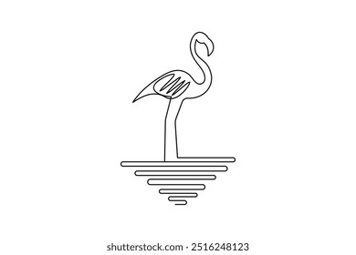 Dibujo continuo de una línea de pájaro flamenco de arte de contorno aislado e ícono de Vector de pájaro de garza