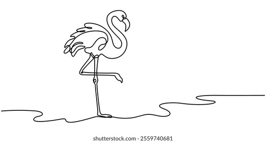 Flamingo bird in continuous one line art drawing. Vector illustration isolated. Minimalist design handdrawn, Continuous line drawing of flamingo bird. One line of flamingo bird. Exsotic bird concept.