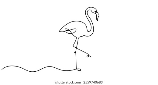 Flamingo bird in continuous one line art drawing. Vector illustration isolated. Minimalist design handdrawn, Continuous line drawing of flamingo bird. One line of flamingo bird. Exsotic bird concept.