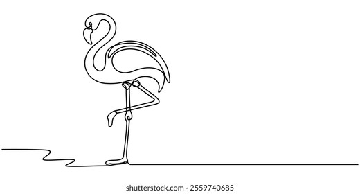 Flamingo bird in continuous one line art drawing. Vector illustration isolated. Minimalist design handdrawn, Continuous line drawing of flamingo bird. One line of flamingo bird. Exsotic bird concept.