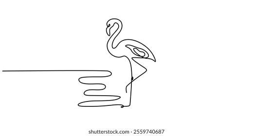 Flamingo bird in continuous one line art drawing. Vector illustration isolated. Minimalist design handdrawn, Continuous line drawing of flamingo bird. One line of flamingo bird. Exsotic bird concept.