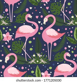 Flamingo bird couple in love. Vector seamless pattern. Valentines tropical summer background with pink exotic jungle animal, tropic palm and flowers. Kid illustration.