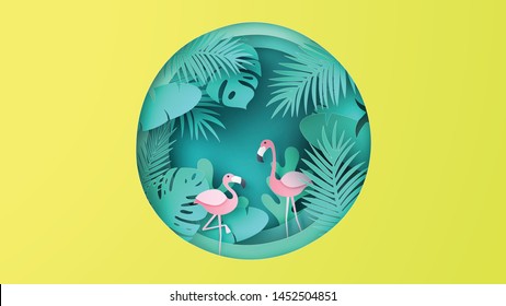 Flamingo bird couple with tropical forest background in summer season. Graphic design for Summer. paper cut and craft style. vector, illustration.