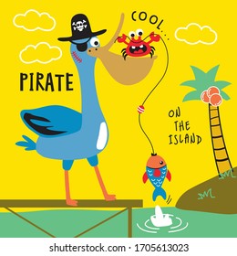 flamingo bird with crab on the island funny animal cartoon,vector illustration