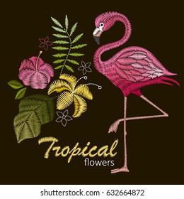 Flamingo bird embroidery design. Pink flamingo and tropic wild flowers. Embroidery for Fashion. Vector trendy illustration.