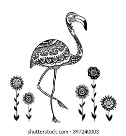 Flamingo bird with ethnic ornaments