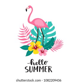 Flamingo bird with exotic tropical leaves and flowers. Hello summer lettering. Vector illustration