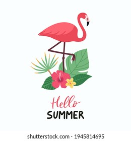 Flamingo bird with exotic tropical leaves and flowers. Hello summer lettering. Flamingo tropic vector illustration