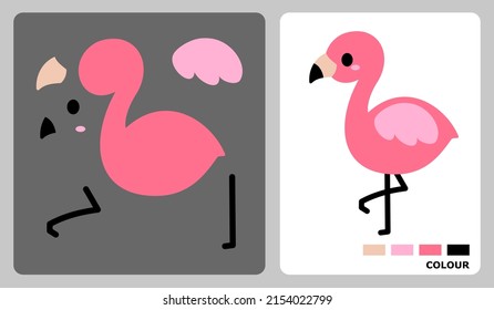 Patrón de pájaro Flamingo para manualidades infantiles o artesanías de papel. Ilustración vectorial del rompecabezas de aves. patrones de corte y pegamento para la artesanía infantil.