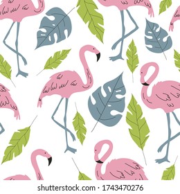 Flamingo Bird and Flora as Seamless Vector Pattern. Wild Exotic Fauna as Wrapping Paper and Wallpaper Design