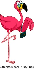 Flamingo Bird Girl Cartoon Character With Sunglasses And Handbag. Vector Illustration Isolated On White Background