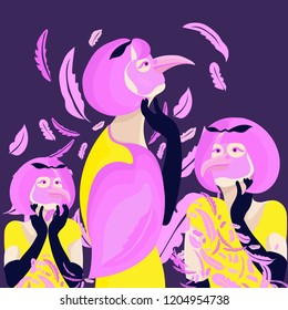 Flamingo bird girls mask navy blue gloves yellow T-shirt blouse dress pink hair wig Carnaval mask flying feathers wings violet background