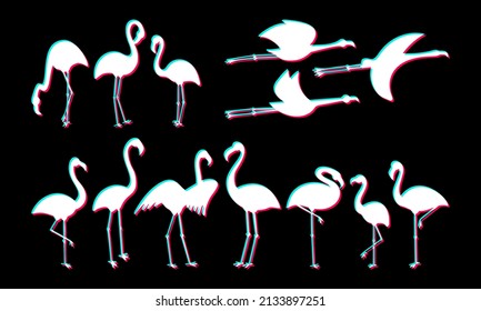 Flamingo bird glitch effect vector. Tropical summer print illustration with digital screen stereo distortion flat design