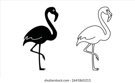Flamingo Bird Icon, Black and White Silhouette with Long Neck and Legs	