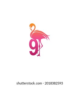 Flamingo bird icon with Number 9 Logo design vector template