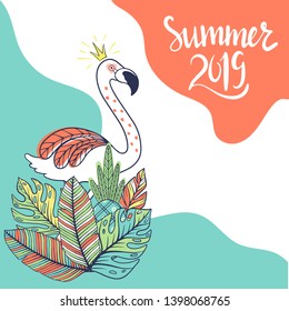 Flamingo bird illustration design.Trendy illustration. Tropical bird.Lettering Summer 2019. Element for print design, greeting card, posters, party decorations. Cute flamingos.Vector illustration