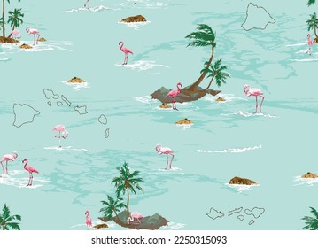 Flamingo Bird Insel Paradise Palm Beach Illustration Vektorgrafik nahtloses Muster auf grünem Hintergrund Tapete 