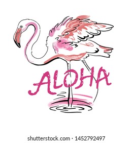 Flamingo bird isolated on white background. Lettering Aloha. Template. Close-up. Clip art. Hand Painting. Ink. Line art, black and white. Vector. Line art