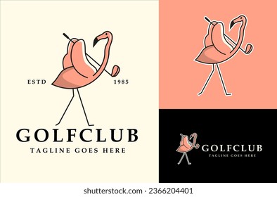 Flamingo bird logo illustration with golf club professional golf ball logo template design