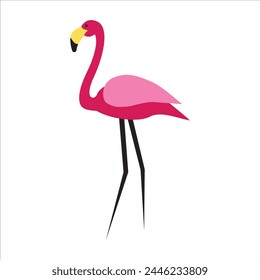 Flamingo bird with long neck and long feet standing and waiting, hand drawn simple silhouette logo illustration. Simple tropical colorful wild bird fishing tropic exotic design decoration. Trendy logo