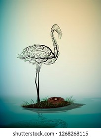 flamingo bird look like tree branches with the nest, birds extinction concept, vector