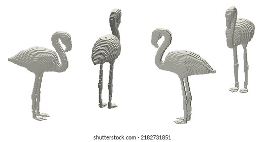 Flamingo bird made from cubes. Voxel art. Futuristic concept. 3d Vector illustration. Dimetric projection.