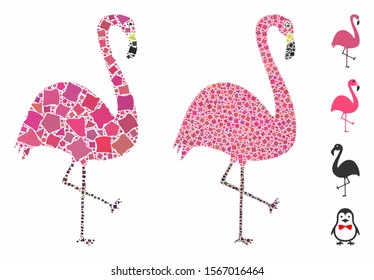 Flamingo bird mosaic of rough pieces in various sizes and color tints, based on flamingo bird icon. Vector ragged pieces are united into collage. Flamingo bird icons collage with dotted pattern.