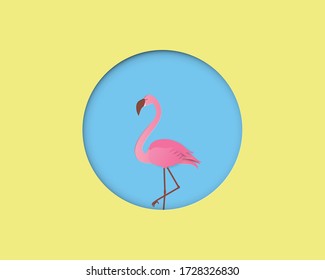 Flamingo bird on blue background with yellow circle frame in paper cut style. Digital craft paper art.