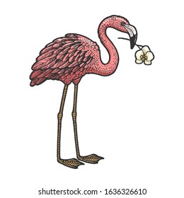 Flamingo bird with orchid flower in beak sketch engraving vector illustration. T-shirt apparel print design. Scratch board imitation. Black and white hand drawn image.