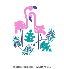 Flamingo bird paper shape cutouts style vector illustration. Scandinavian childish wild tropical safari summer pre-made print design.