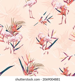 Flamingo Bird With Bird of Paradise illustration Vector Seamless Pattern Art On Orange Pastel Background Wallpaper, Summer Print Seamless Pattern, Hawaii Tropical 