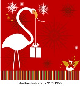flamingo with bird and present flower snowflakes behind
