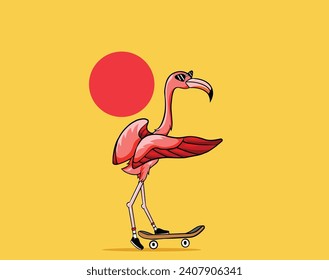 ilustración vectorial de flamingo que relaja el pájaro jugando al patinaje